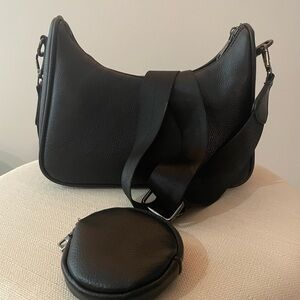 Black Leather Bag with coin purse and thick strap